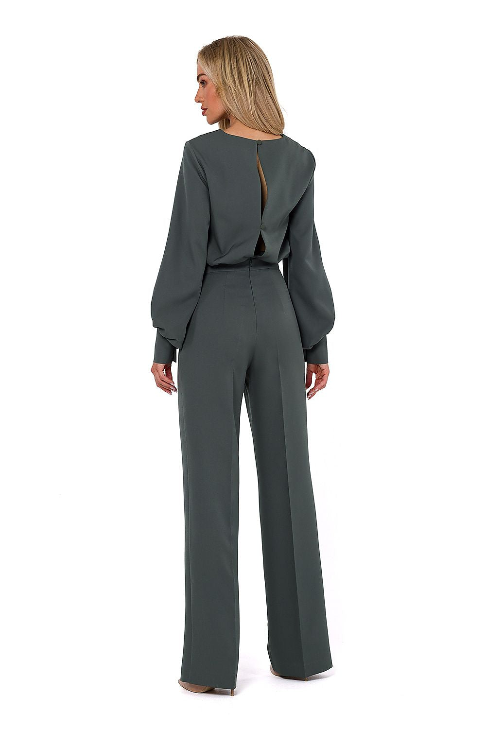 Premium women's jumpsuit from Moe, featuring exquisite long buff sleeves and a contemporary halter neckline, made in Poland.