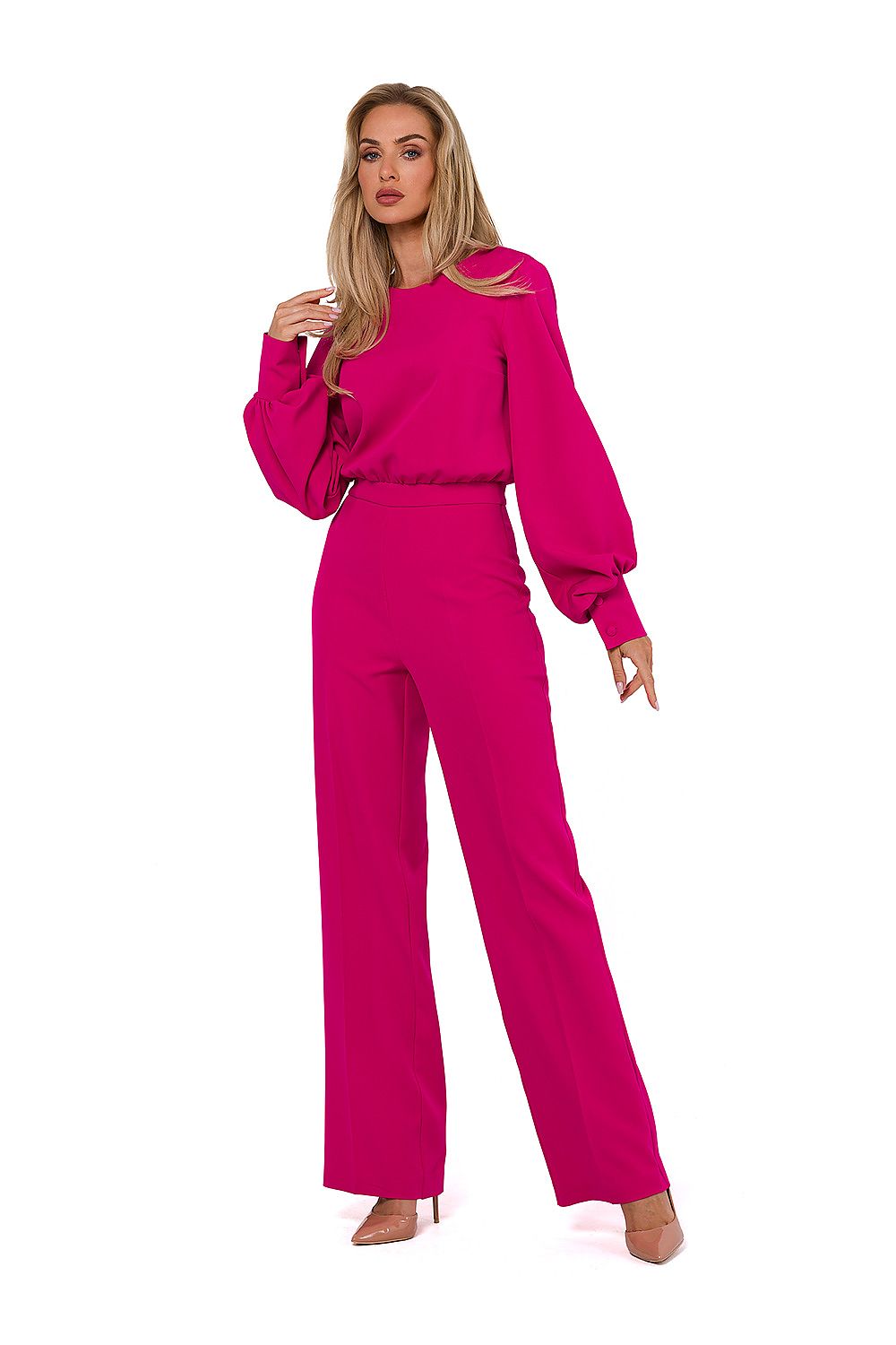 Elegant Women's Jumpsuit by Moe featuring long buff sleeves and a sophisticated halter top design, exuding luxury in every detail.