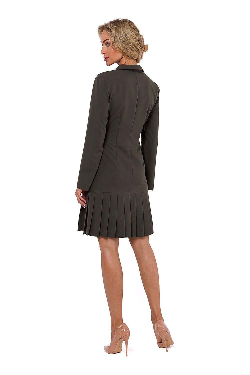 Stylish rear view of the Moe long sleeve dress, demonstrating exquisite pleating and a concealed zipper, expertly tailored in Poland.