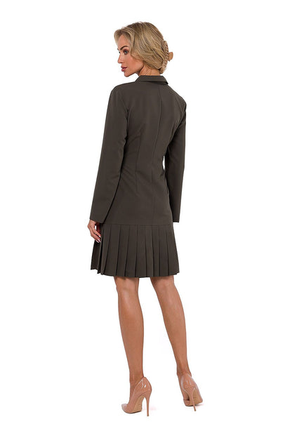 Stylish rear view of the Moe long sleeve dress, demonstrating exquisite pleating and a concealed zipper, expertly tailored in Poland.