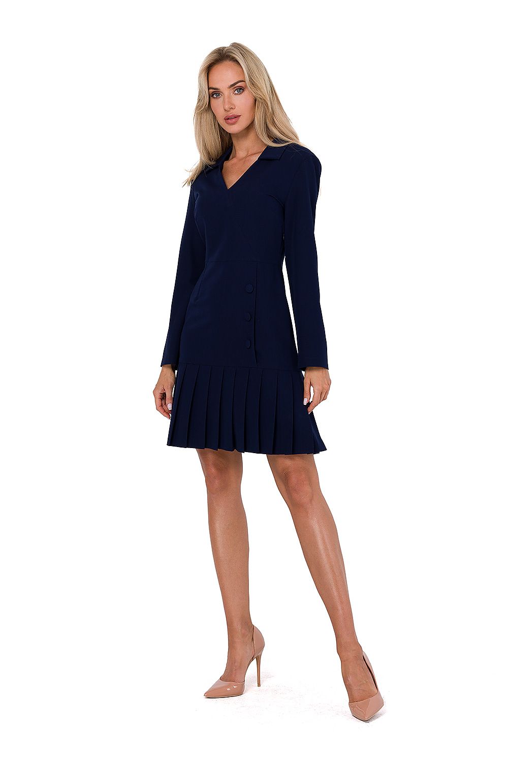 Elegant long sleeve Moe dress featuring a V neckline and decorative buttons, crafted with pleating detail at the bottom, perfect for sophisticated occasions.