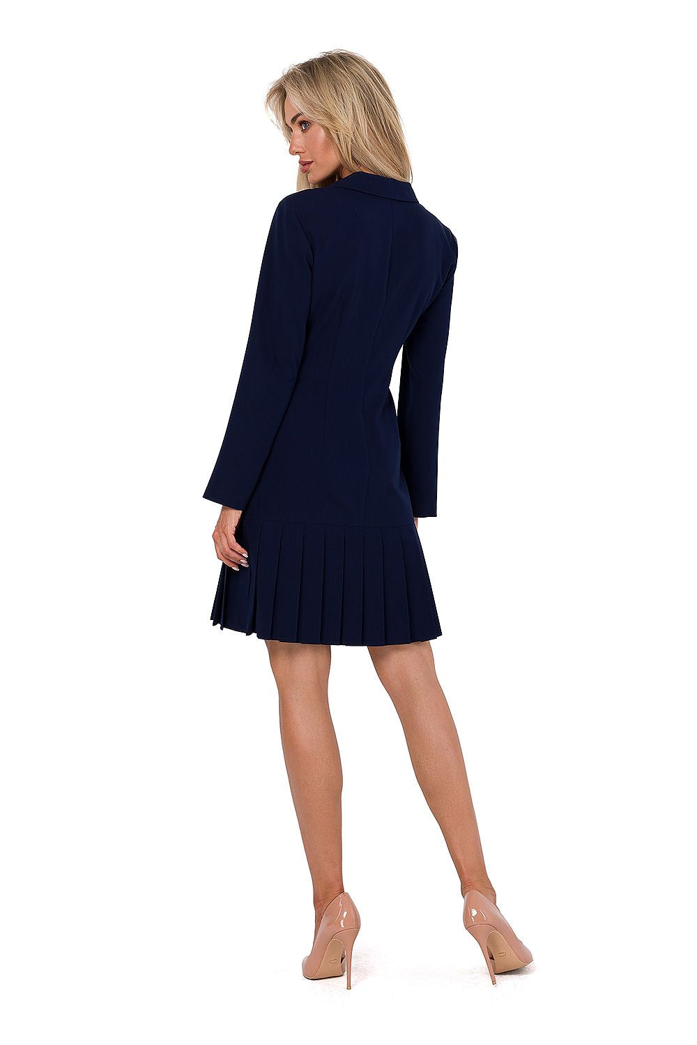 Chic Moe dress with long sleeves and a stylish V neckline, adorned with decorative buttons, exemplifying elegance and craftsmanship from Poland.