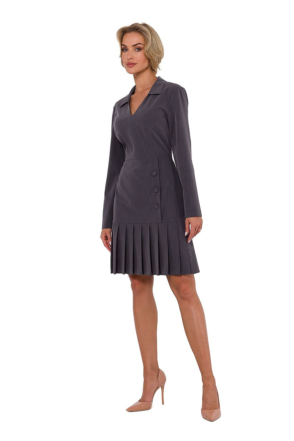 Elegant long sleeve Moe dress featuring a flattering V neckline, decorative buttons, and intricate pleating at the hem, designed and made in Poland.