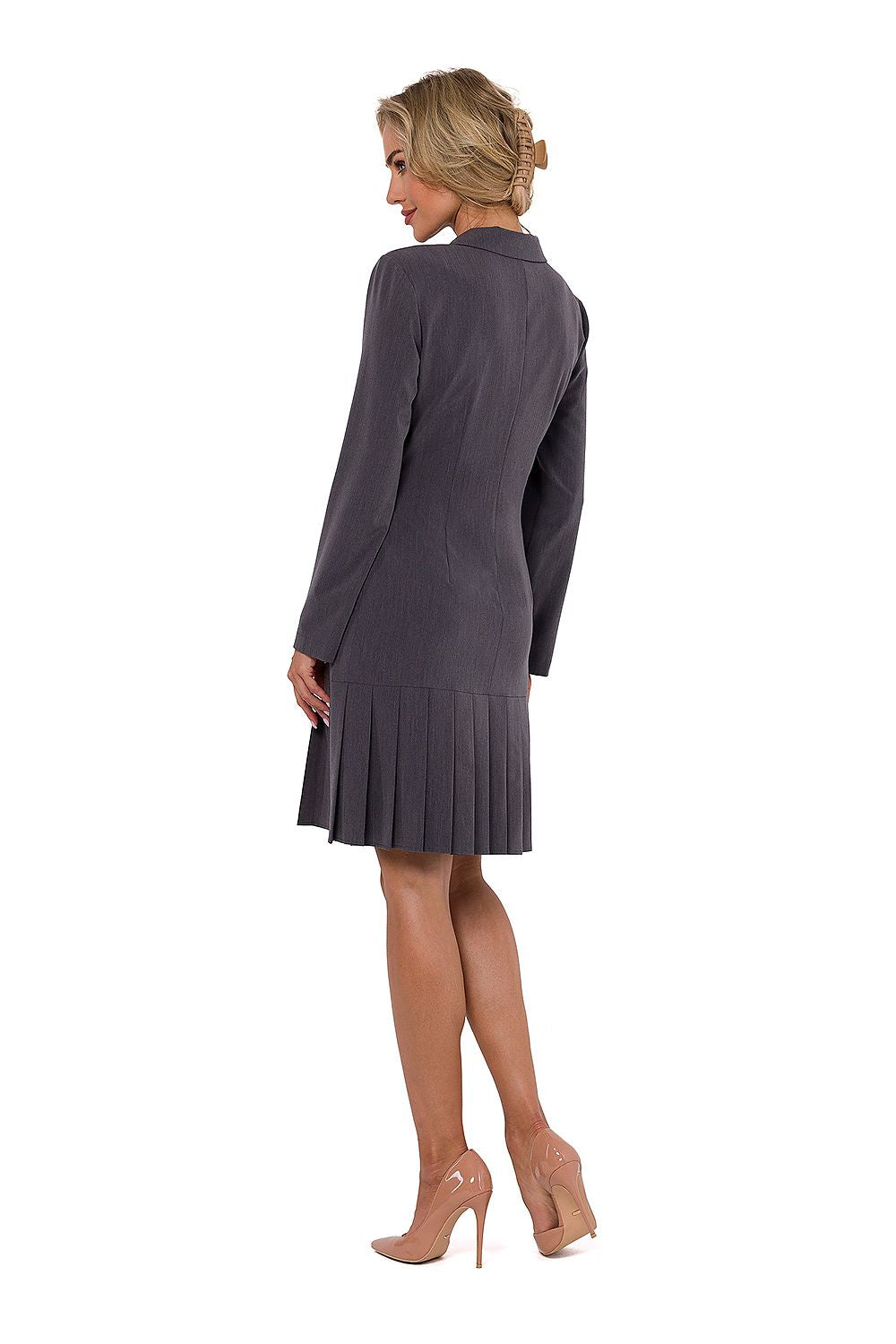 Sophisticated Moe dress with long sleeves and V neckline, highlighted by stylish decorative buttons and pleated detailing, expertly crafted in Poland.