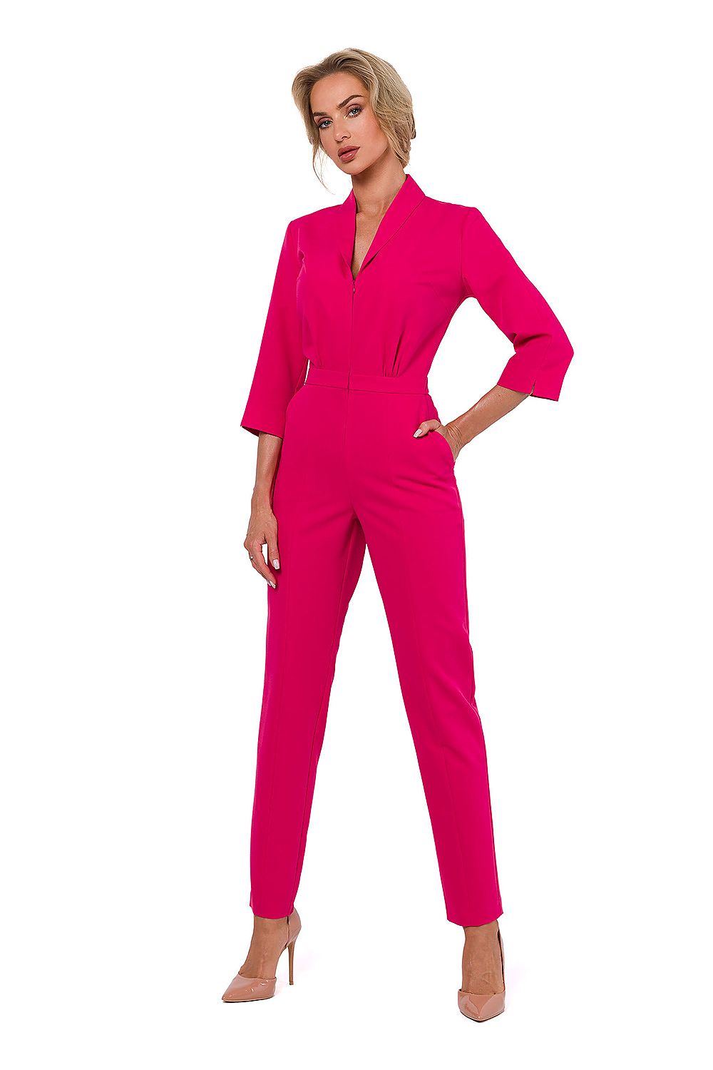 Elegant 3/4 sleeve jumpsuit by Moe featuring a lined collar and covered zipper, showcasing luxury and sophistication.