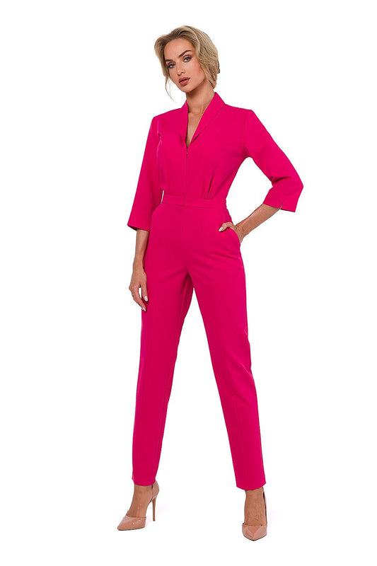 Elegant 3/4 sleeve jumpsuit by Moe featuring a lined collar and covered zipper, showcasing luxury and sophistication.