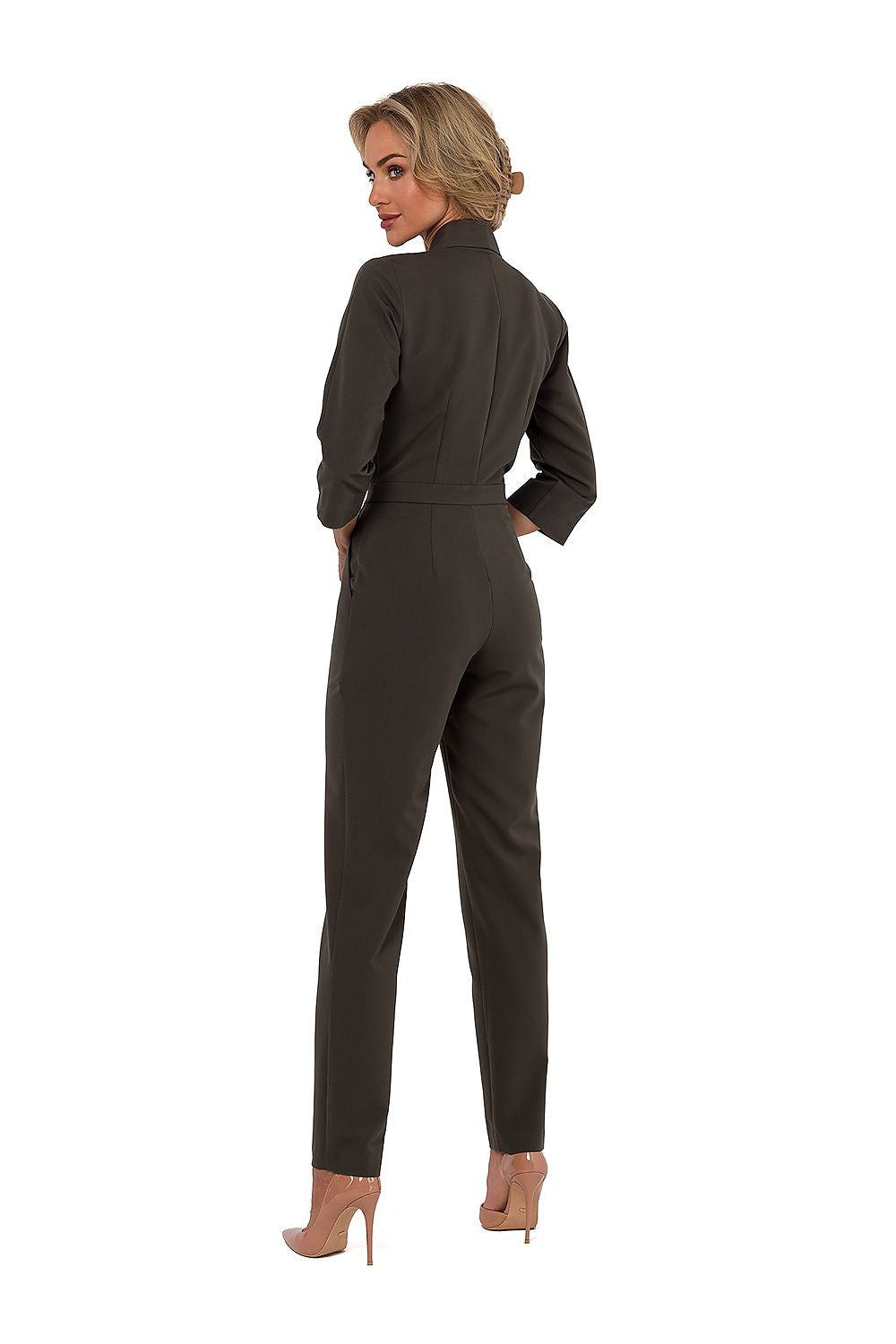Elegant 3/4 sleeve jumpsuit with lined collar and covered zipper designed by Moe, showcasing a sophisticated silhouette and premium Polish craftsmanship.