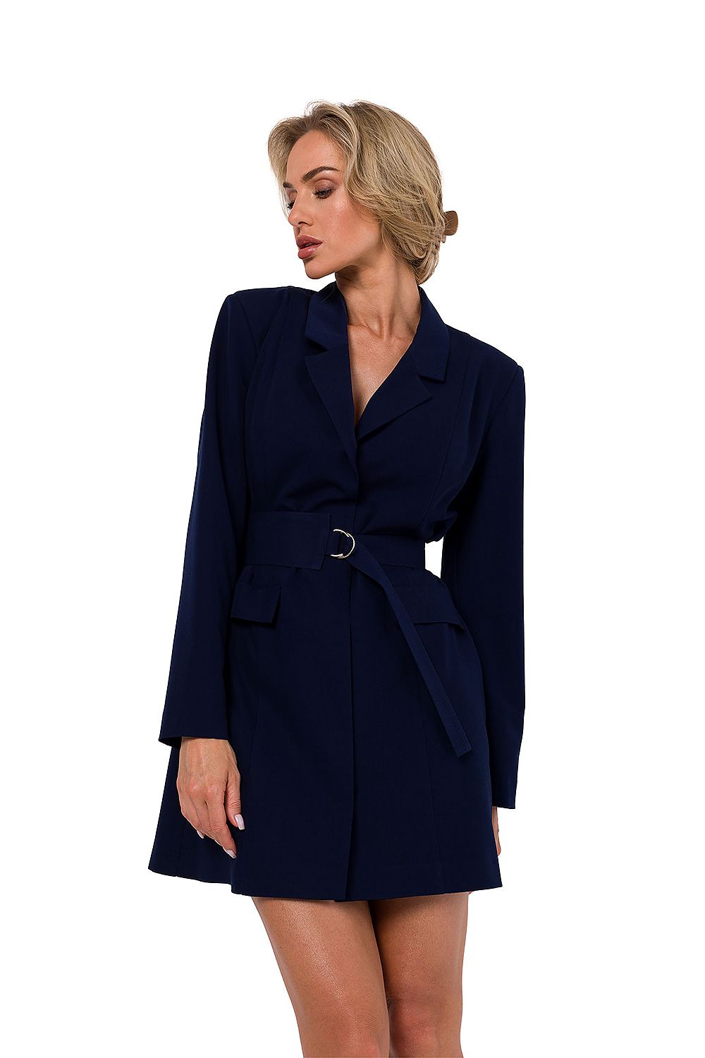 Elegant jacket dress with collar and long sleeves designed by Moe, showcasing a luxurious and stylish look.