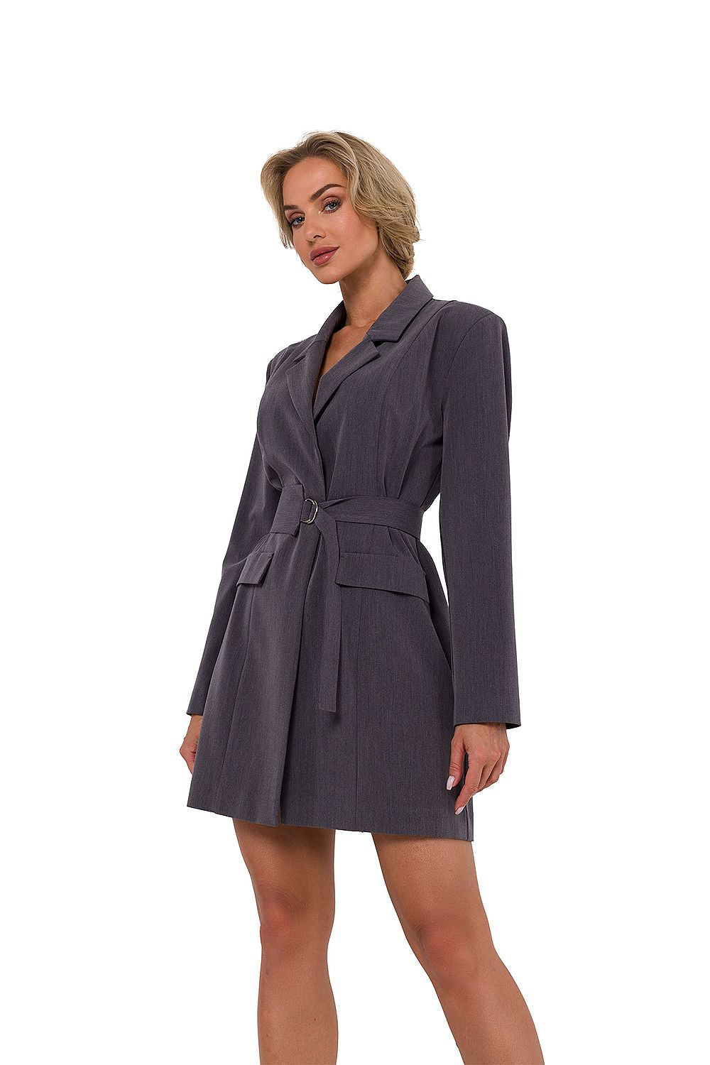 Elegant jacket dress by Moe featuring a stylish collar and long sleeves, fastened with covered buttons and complemented by a matching belt.