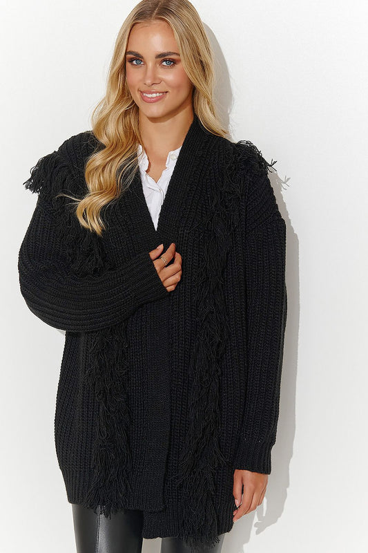 Elegant women's open cardigan by Makadamia featuring decorative tassels and gold tinsel, perfect for layering in luxurious style.