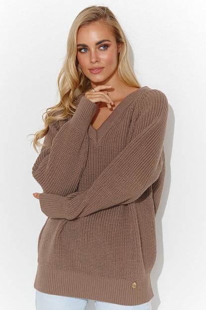 Full view of a chic Makadamia women's jumper in a comfortable loose fit, elegantly designed with a unique heart neckline and gold tinsel accents.