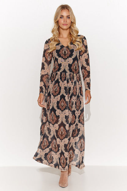 Elegant Maksdamia lightweight long daydress with triangle neckline and side slits, perfect for casual and formal occasions, featuring a half transparent outer layer and unique prints.