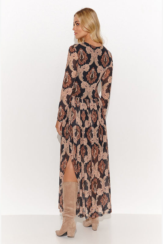 Makadamia designer long dress showcasing a graceful silhouette, highlighting the triangle neckline and versatile side slits, ideal for stylish everyday wear.