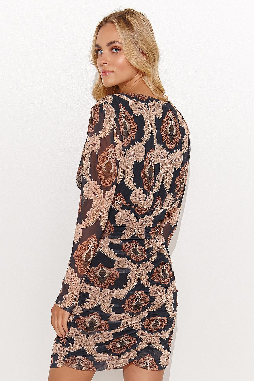 Charming Makadamia Women's Fitted Mini Dress emphasising curves, featuring a heart neckline and fashionable pleats in luxurious colours.