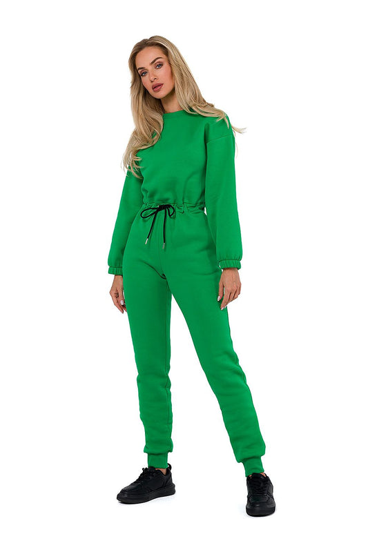 Luxury Women's Moe Suit in rich fabric with long sleeves, waist ties, and elegant slip-in pockets, showcasing premium Polish craftsmanship.