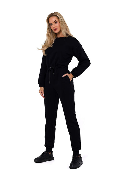 Elegant Luxury Women's Moe Suit in dark colour with long sleeves and waist ties, featuring side pockets, tailored in Poland.