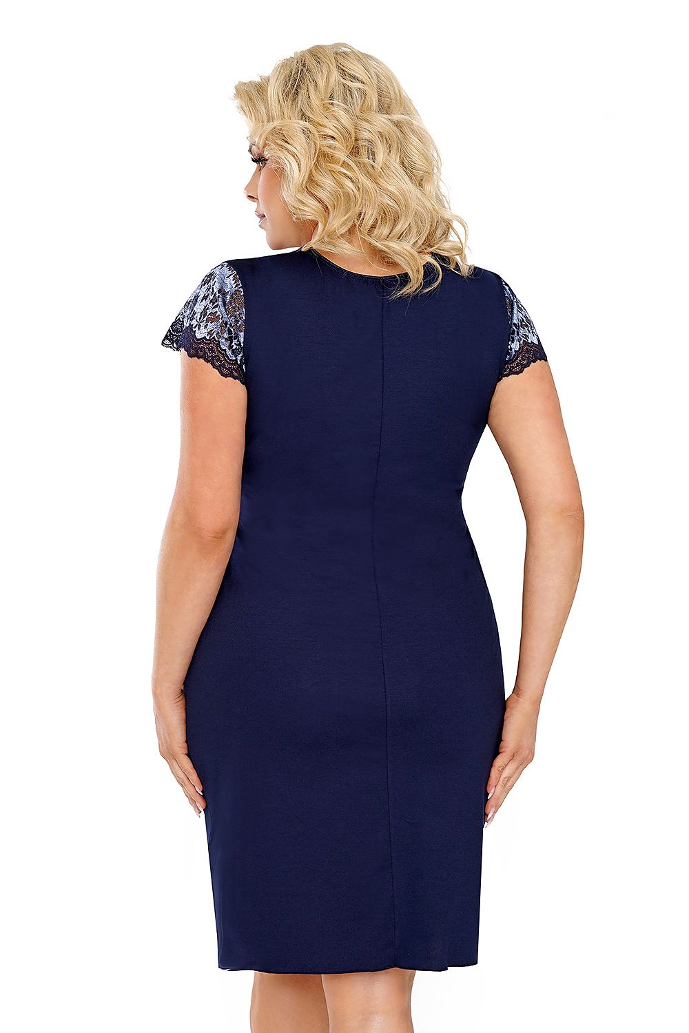 Donna's plus size Deborah chemise, showcasing a deep neckline adorned with shimmering silver-blue lace, perfect for a sophisticated and stylish evening look.