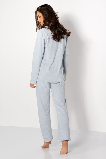 Momenti Per Me Luxury Women's Cotton Pyjamas, featuring long pants with an elastic waistband, stylish collar, and button fastening.