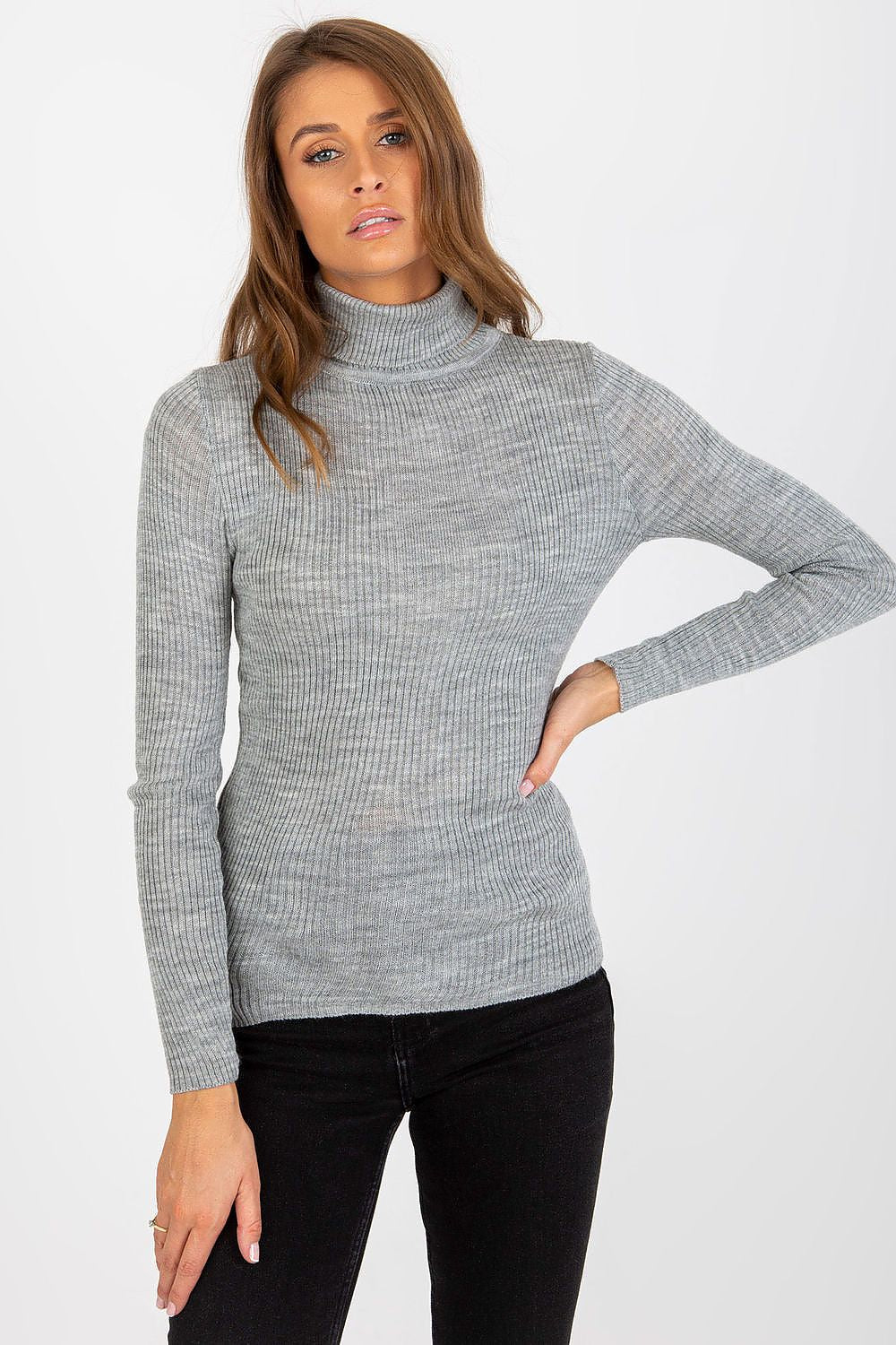 Model wearing the elegant long sleeve ribbed acrylic turtleneck sweater from Factory Price, styled for a chic casual look.
