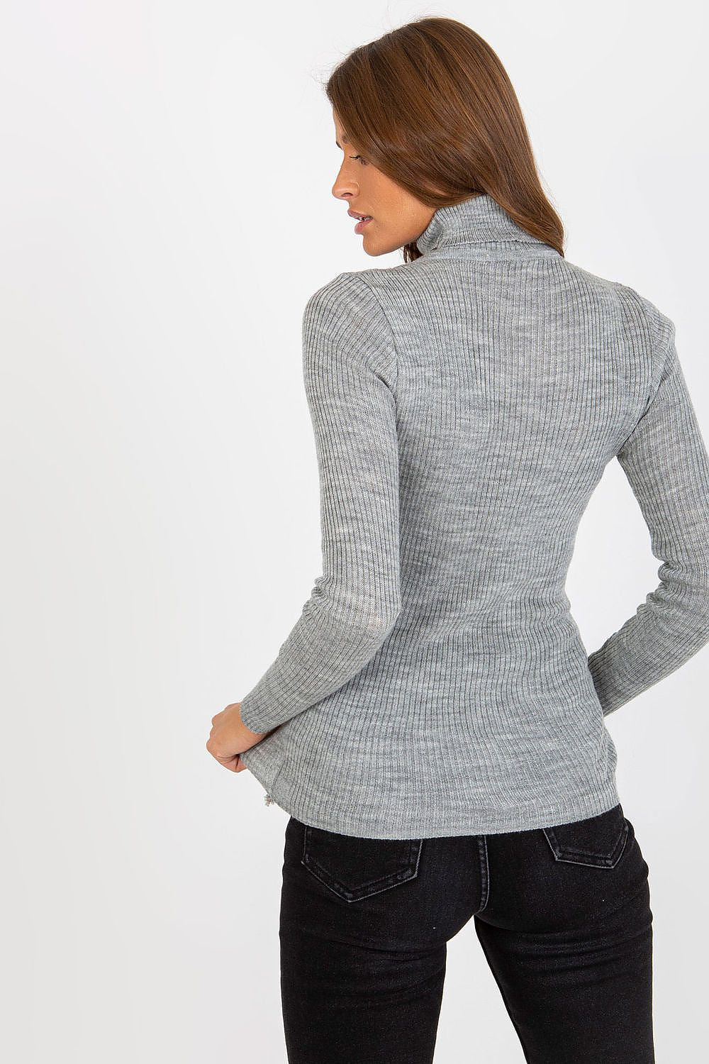 Flat lay image of the luxury ribbed acrylic turtleneck sweater by Factory Price, ideal for stylish everyday outfits.