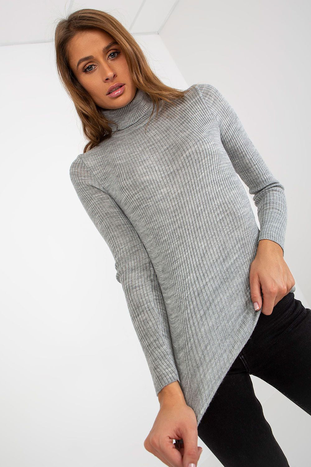 Luxury ribbed acrylic turtleneck sweater by Factory Price, elegantly designed for everyday outfits.