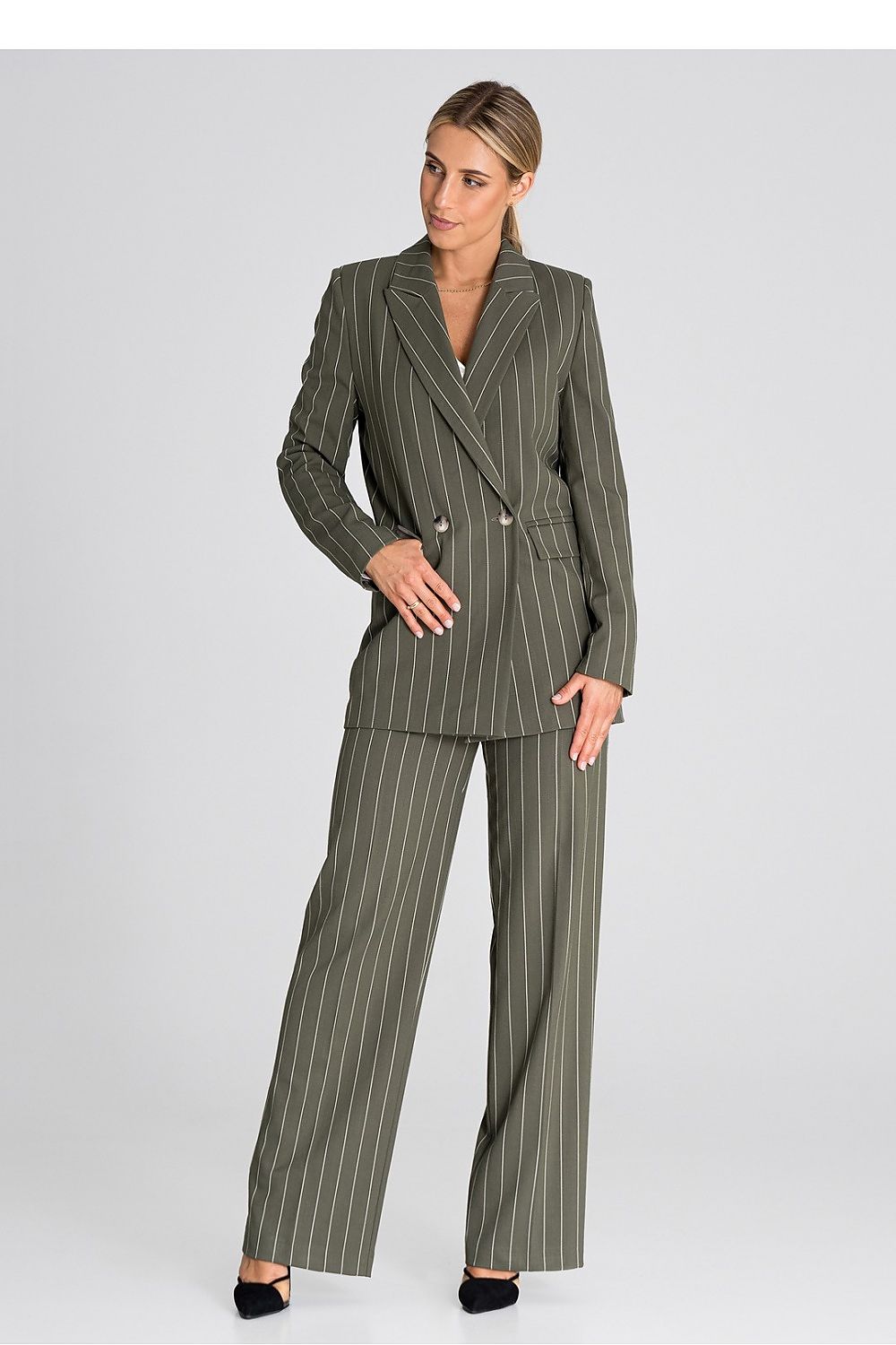 Chic Figl long sleeve blazer showcasing sophisticated double-breasted button closure.
