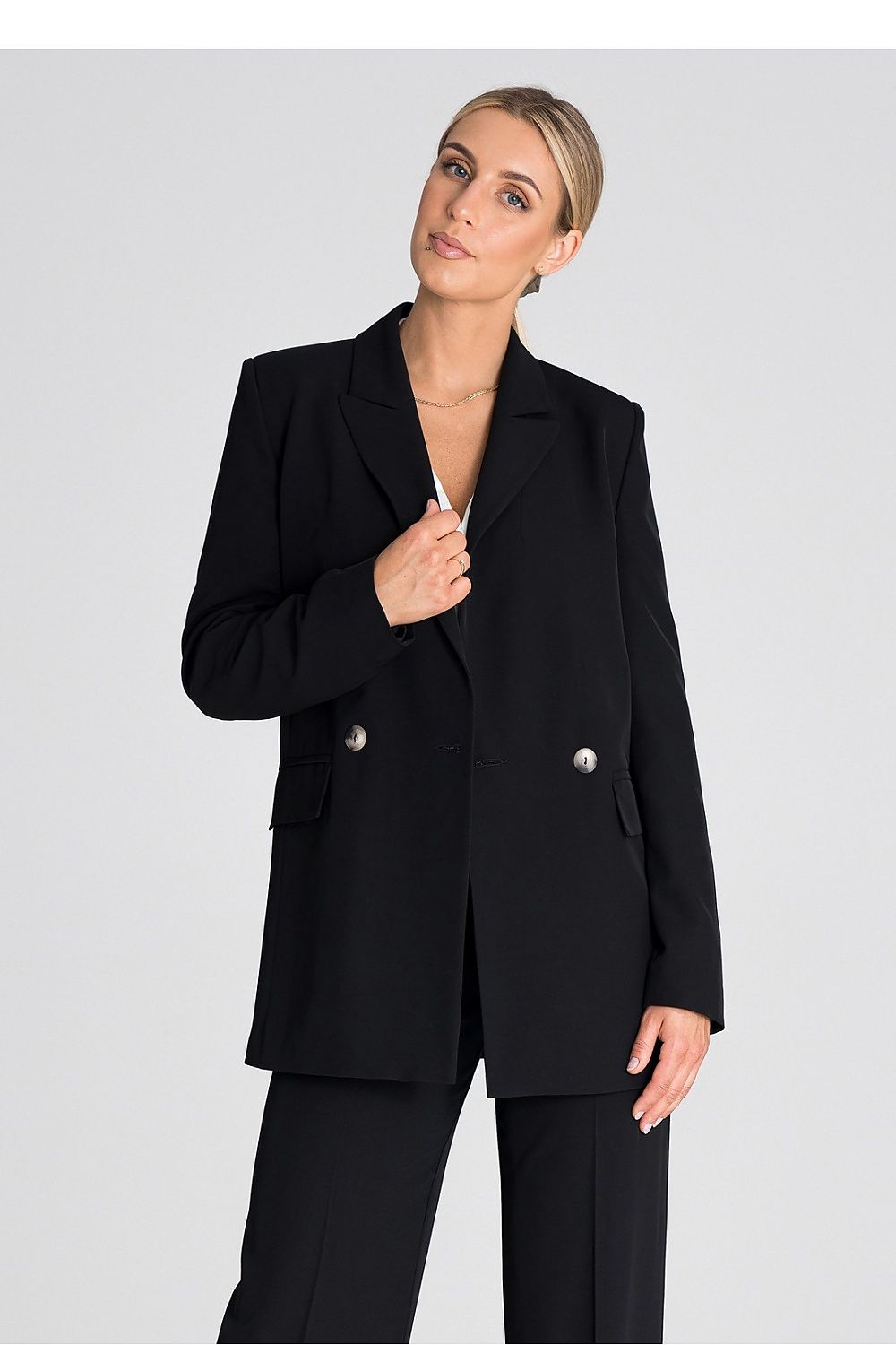Elegant Figl double-breasted long sleeve blazer jacket, perfect for stylish occasions, showcasing premium craftsmanship.