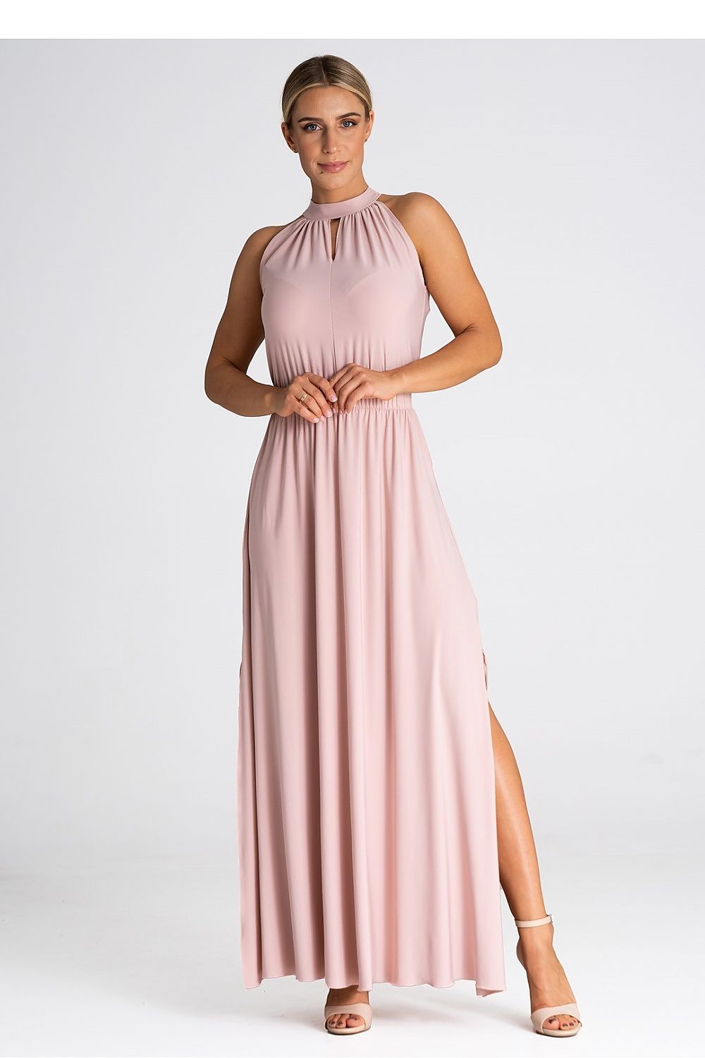 Elegant sleeveless maxi dress by Figl featuring a ruffled neckline and pearl clasp, showcasing a charming design perfect for special occasions.