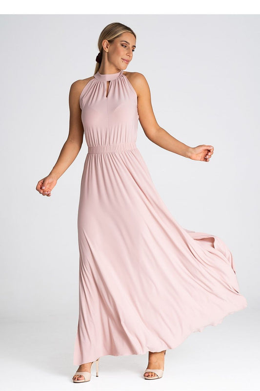 Elegant Figl sleeveless maxi dress with a ruffled neckline and pearl clasp, perfect for cocktail events.