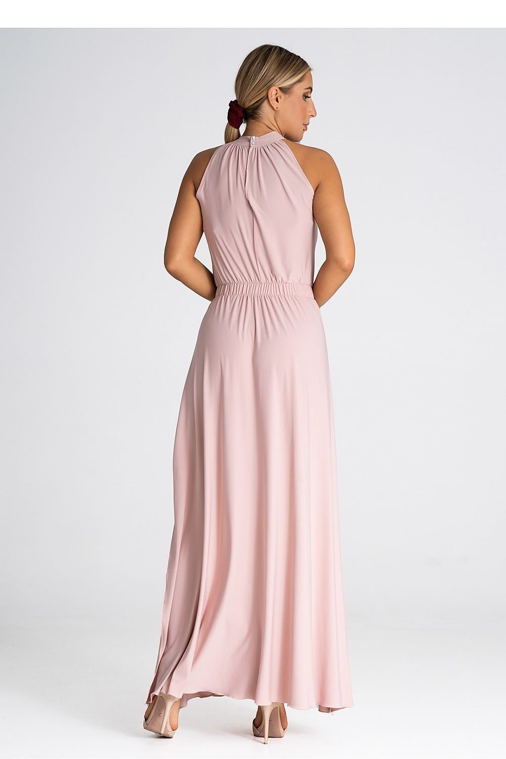 Close-up of the ruffled neckline detail and pearl clasp on the Figl elegant maxi dress.