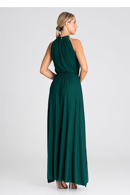 Elegant Figl sleeveless maxi dress featuring a ruffled neckline, perfect for cocktail events with a sophisticated pearl clasp.