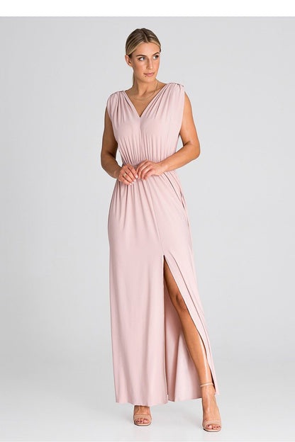 Elegant Figl maxi cocktail dress featuring stylish ruffles, a sensual slit, and wide shoulder straps for an exquisite evening look.