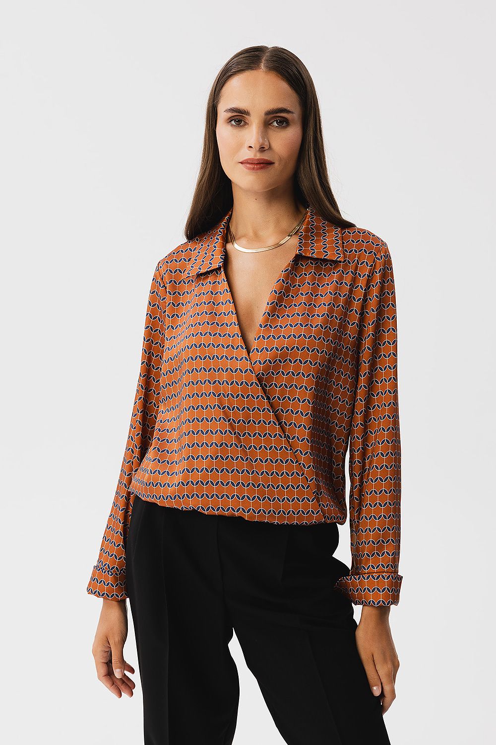 Stylove elegant printed satin blouse featuring a unique envelope cut design with adjustable long sleeves, ideal for chic occasions.