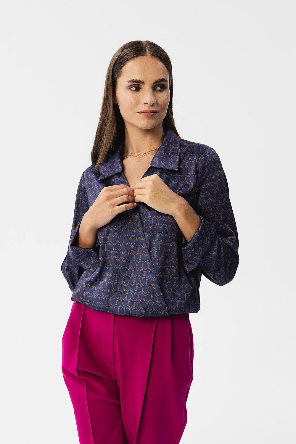 Stylove elegant printed satin blouse featuring a unique envelope cut, perfect for chic styling.