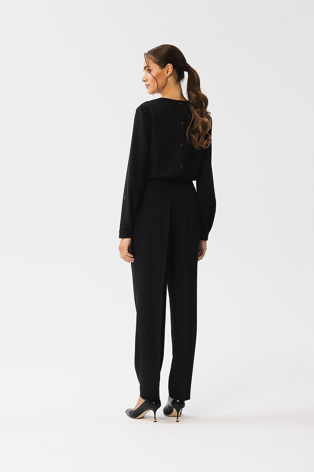 Elegant Stylish One-Piece Jumpsuit by Stylove featuring a sophisticated slit neckline and adjustable sleeves, perfect for chic occasions.