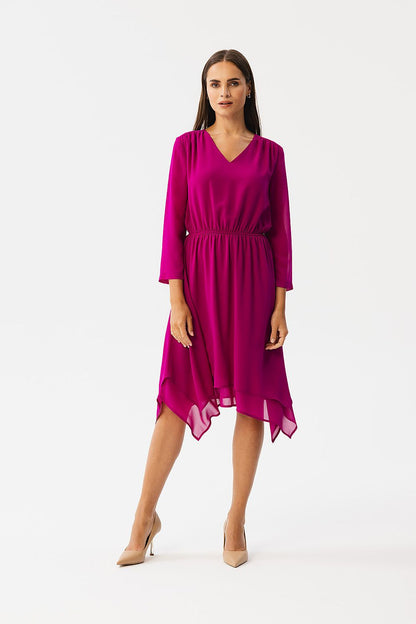Stylove asymmetrical chiffon cocktail dress showcasing elegant V-neckline and sophisticated 7/8 sleeves, perfect for formal occasions.