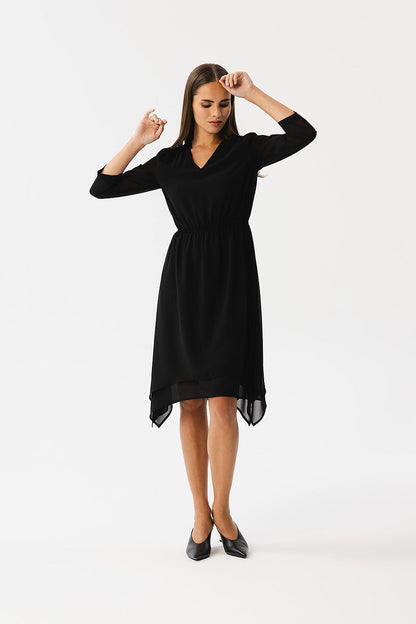 Stylove's cocktail dress featuring an asymmetrical layered hem, embodying originality and elegance for versatile styling options.