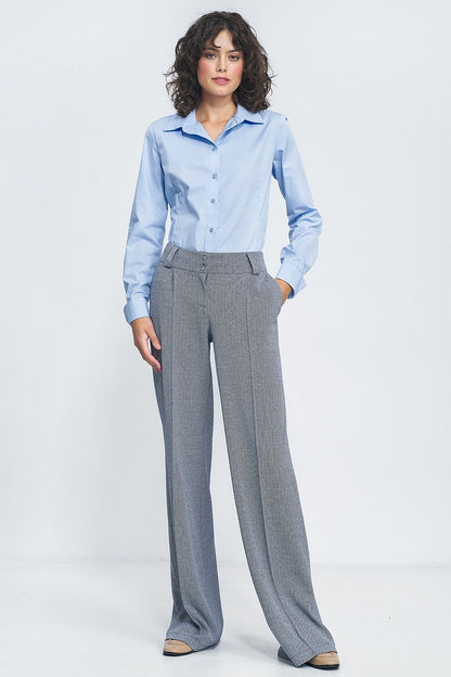 Elegant wide leg trousers by Nife in luxe fabric with a high waist, perfect for a sophisticated silhouette.