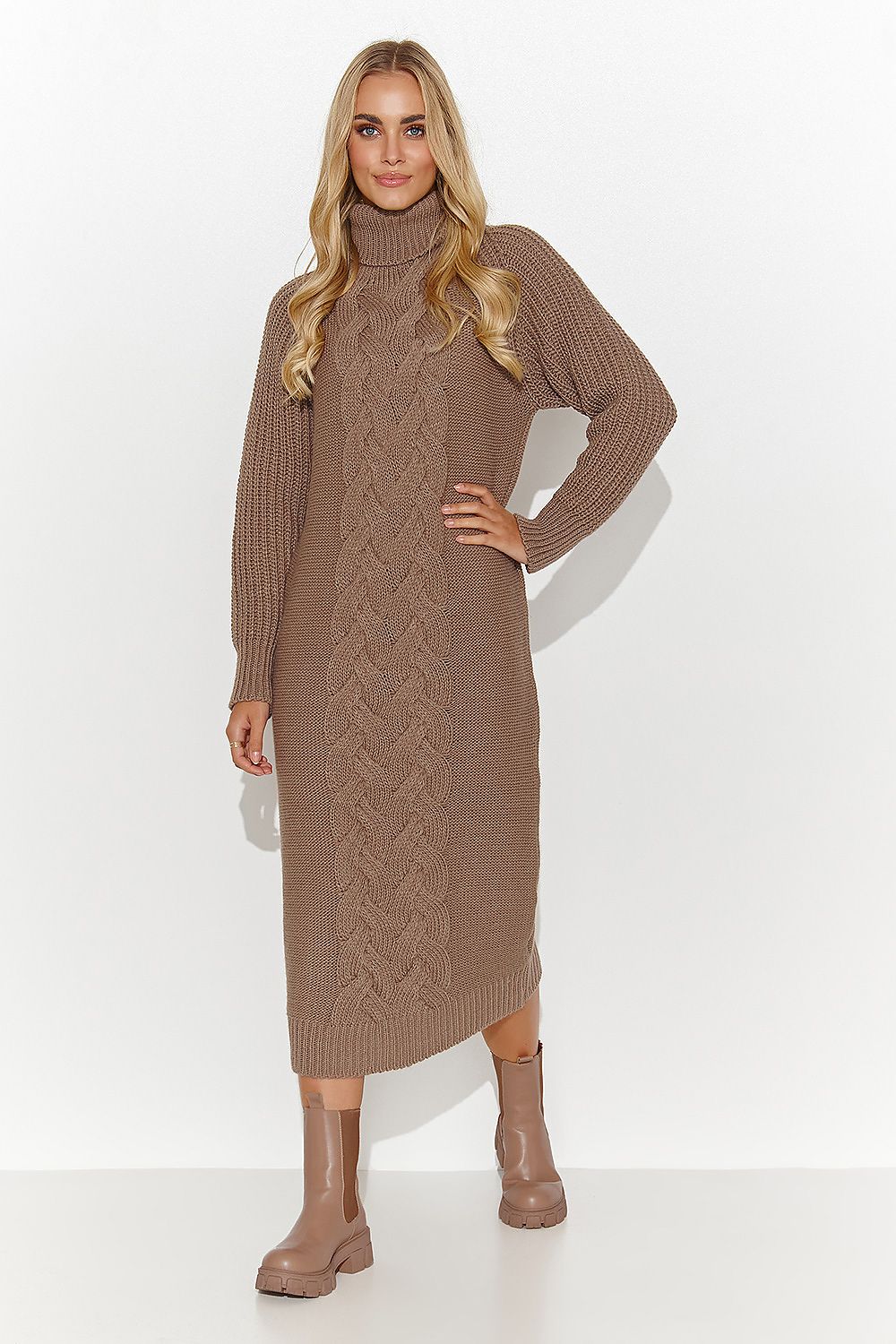 Stylish Makadamia Daydress with striking plaid weave accent, perfect for autumn and winter casual and work wear.