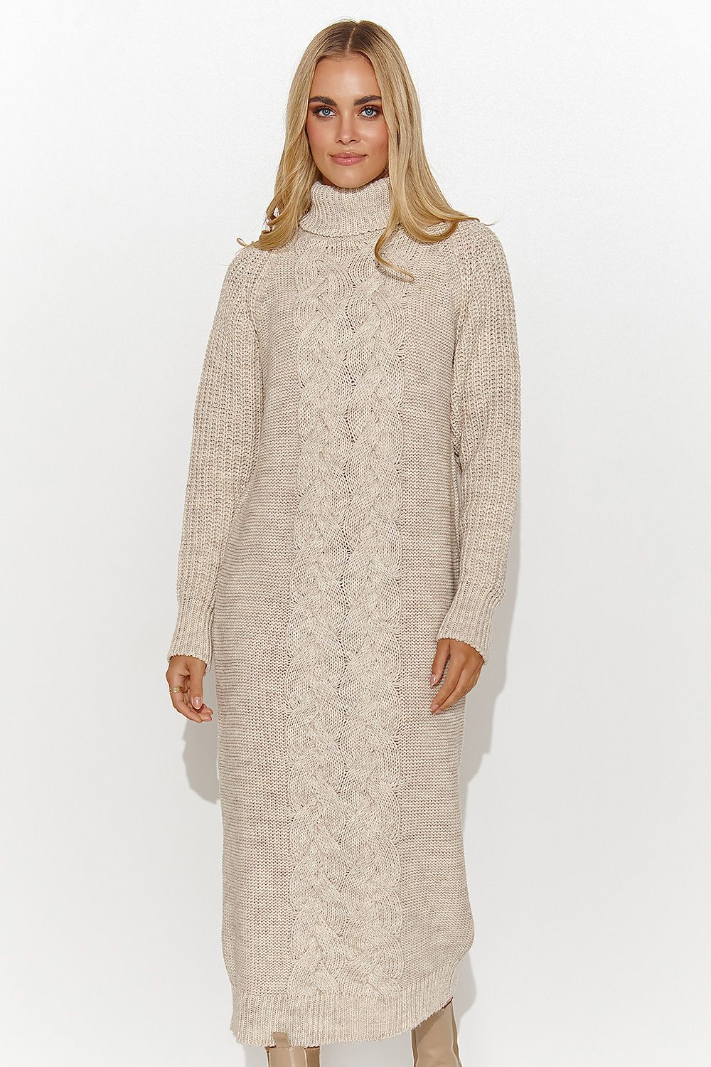 Elegant knee-length sweater dress by Makadamia featuring long sleeves and a stylish turtleneck, showcasing a unique plaid weave design, perfect for autumn and winter occasions.