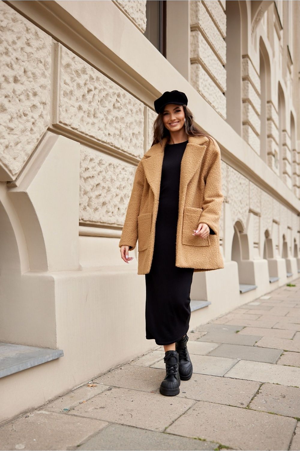 Close-up of the high-quality material of Sanchez Long Buttoned Jacket by Roco Fashion, highlighting the plush texture and detailed finish.