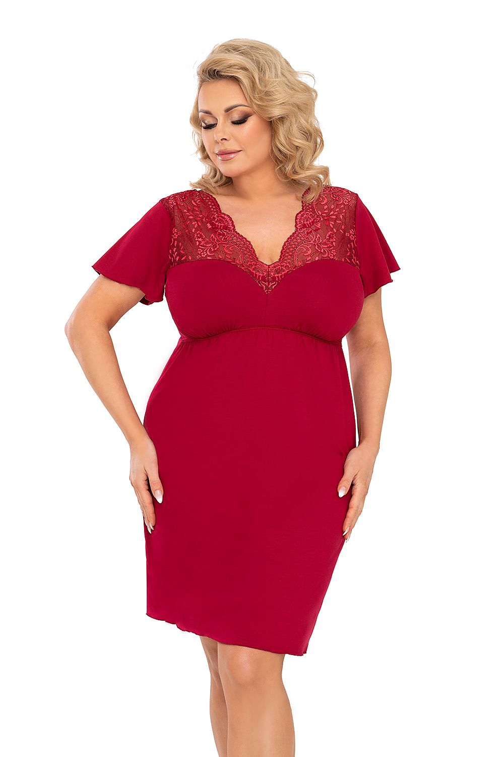 Doris Plus Nightshirt by Donna - luxurious red wine chemise featuring elegant tulle sleeves and intricate lace detailing.