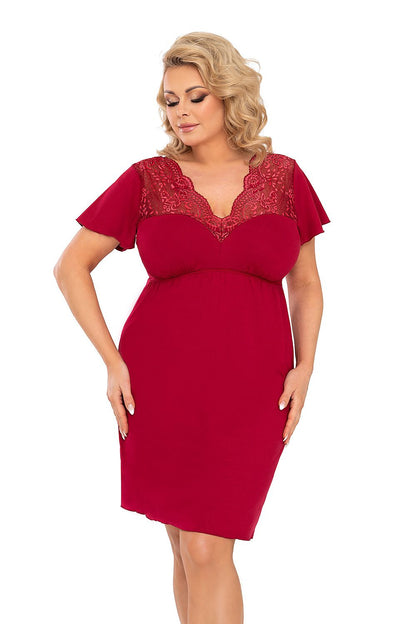 Doris Plus Nightshirt by Donna - luxurious red wine chemise featuring elegant tulle sleeves and intricate lace detailing.