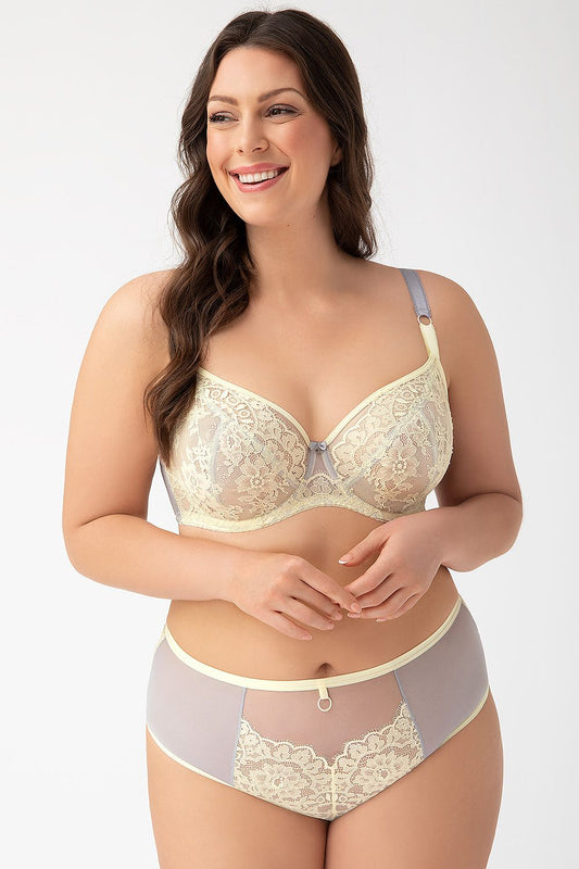 Gorsenia Lingerie soft bra with exquisite lace detailing and stylish bow, offering superior support and comfort for larger busts, presented in an elegant box.