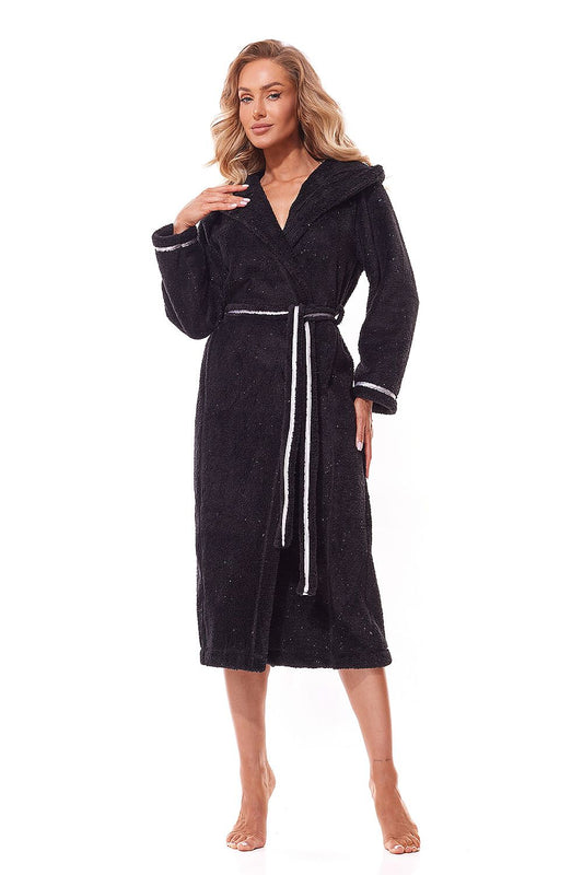 Elegant L&L Collection hooded bathrobe made from shiny knit fabric, featuring long sleeves and practical pockets, perfect for luxurious home relaxation.
