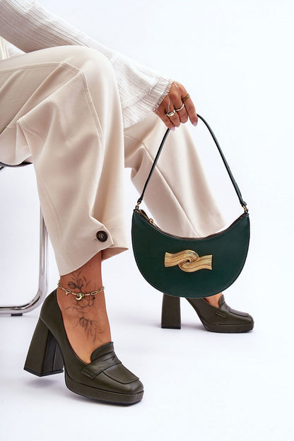 Luxurious eco-leather block heel pumps by Step in Style, featured with a fashionable handbag, ideal for a refined outfit.