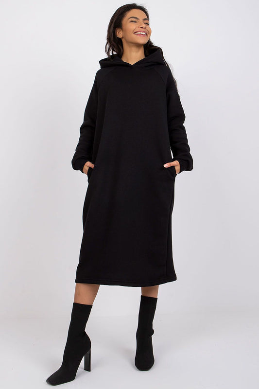 Elegant Midi Daydress by Rue Paris featuring a stylish hood, convenient pockets, and chic zipper detail, designed for luxury comfort and sophisticated everyday wear.