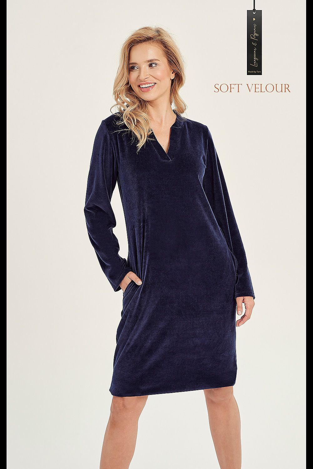Elegant long sleeve Taro nightshirt featuring a V neckline and convenient pockets, crafted from a luxurious cotton blend for ultimate comfort.
