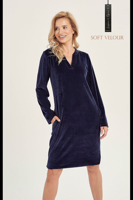 Elegant long sleeve Taro nightshirt featuring a V neckline and convenient pockets, crafted from a luxurious cotton blend for ultimate comfort.