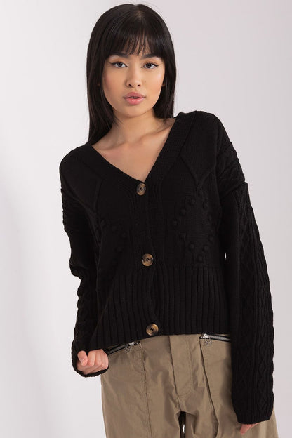 Sophisticated Badu acrylic cardigan with a heart neckline and elegant button closure, perfect for pairing with jeans or skirts.